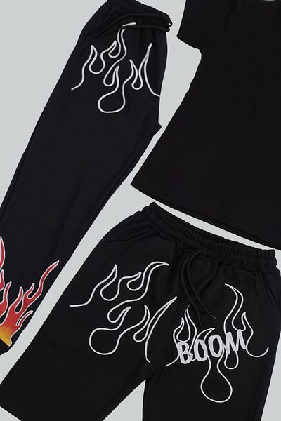 Çiggo Kids Tricou simplu din bumbac de bază și combinație de 3 piese cu fund cu imprimeu 2 Boom