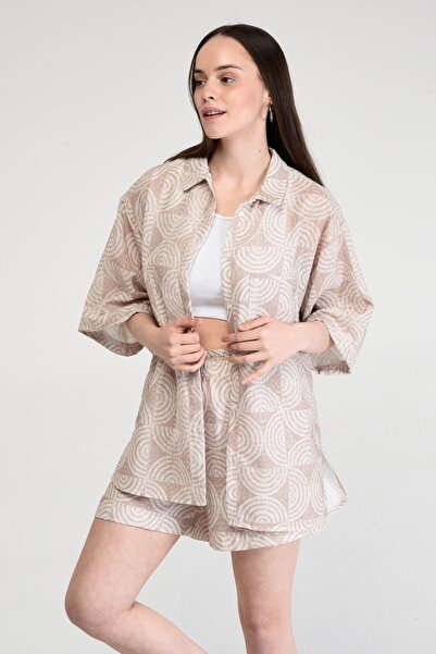 Bolder Dela Linen Mink Patterned 3/4 Sleeve Shirt
