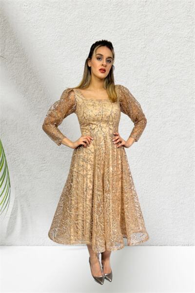 fevzuss Gold Sim Baskılı Midi Boy Abiye