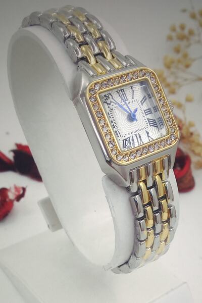 Re-Nox ساعة يد نسائية مربعة الشكل مرصعة بالذهب والفضة