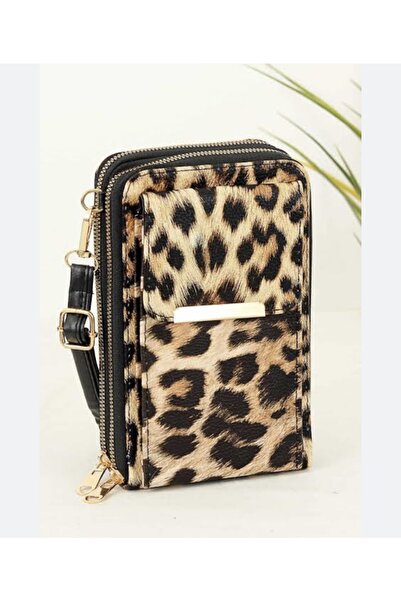 ylzstore Kart Ve Telefon Bölmeli Deri Askılı Mıknatıslı Ön Kapak Cepli Leopar...