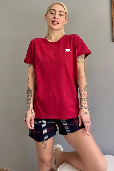 Pijamaevi Dear Family Pajamas with Burgundy Bear Shorts - Women's Set