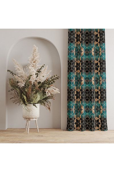 stellahomes Emerald Green Mosaic Patterned Digital Printed Background Curtain Single Wing