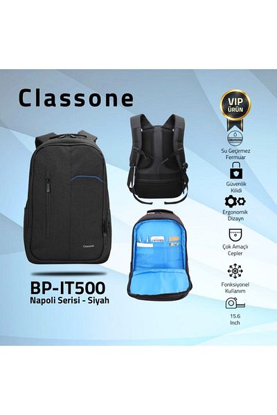 Classone حقيبة ظهر للكمبيوتر المحمول مقاس 15.6 بوصة من سلسلة نابولي باللون الأسود - Bp-ıt500
