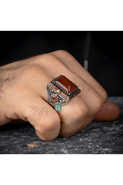 RevSilver 925 Ayar Gümüş Erkek Yüzük Doğal Akik Taşı Kırmızı- Yeşil Yüksek Ka...