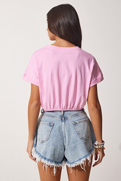 Happiness İstanbul Różowy damski krótki T-shirt z elastyczną talią UB00083