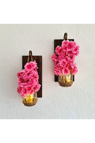 STDEKOR Wall Decoration, LED Light, Pink Spring Branch Flowers, Walnut Sconce Set of Two