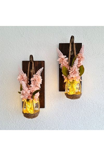 STDEKOR Wall Decoration, LED Light, Pink Wallflower, Walnut Sconce Set of Two