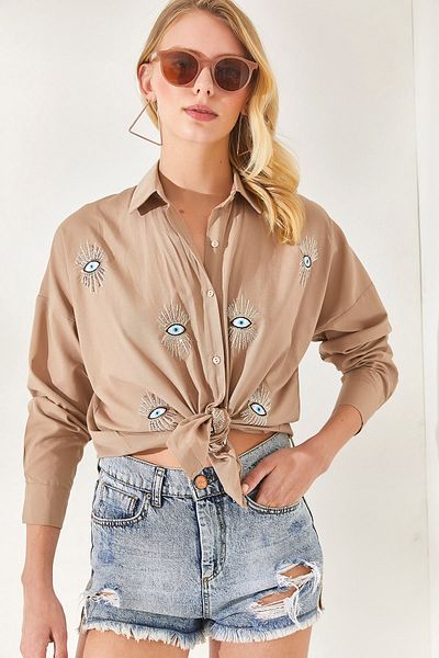 Olalook Gewebtes Boyfriend-Hemd mit Nerz-Paillettendetail GML-19000992