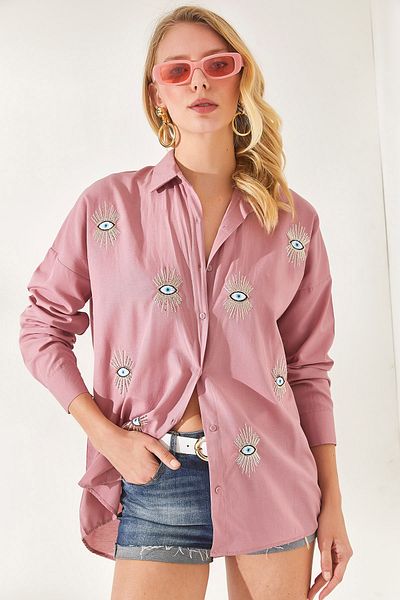 Olalook Gewebtes Boyfriend-Hemd mit Paillettendetail „Dried Rose“ GML-19000992