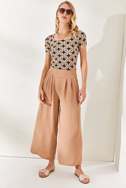 Olalook Dámské béžové boční kapesní na zip složené podrobné volné kalhoty PNT-19000215