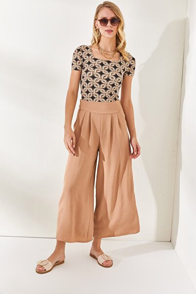 Olalook Dámské béžové boční kapesní na zip složené podrobné volné kalhoty PNT-19000215