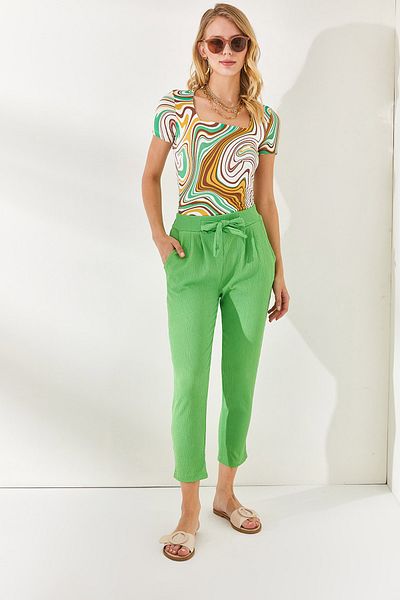 Olalook Women's Pistachio Green Pocketed Accessory Belted Trousers PNT-19000227