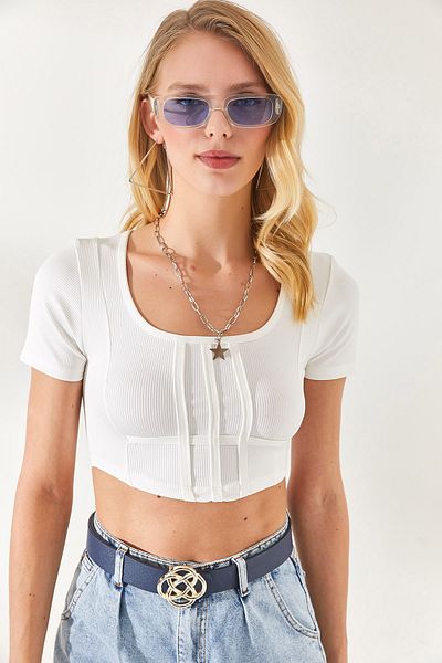 Olalook Women's Ecru Corset Square Collar Crop Blouse BLZ-19002286