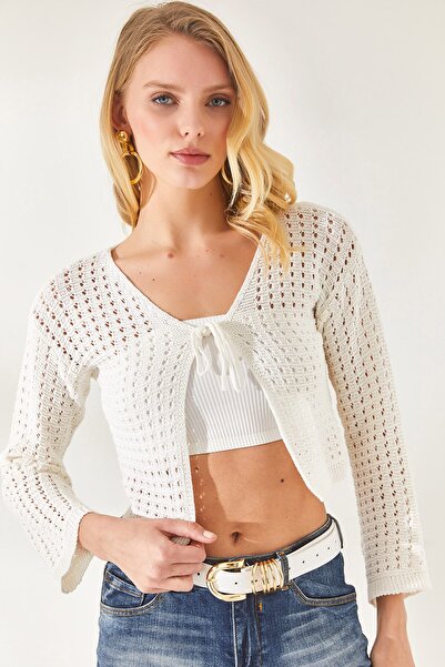 Olalook Kadın Ekru Bağlama Detaylı Crop Pamuk Triko Hırka HRK-19000223