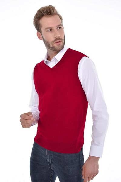 Çizgi Triko Men's V-Neck Burgundy Sweater Regular Fit with Angora Rabbit Wool