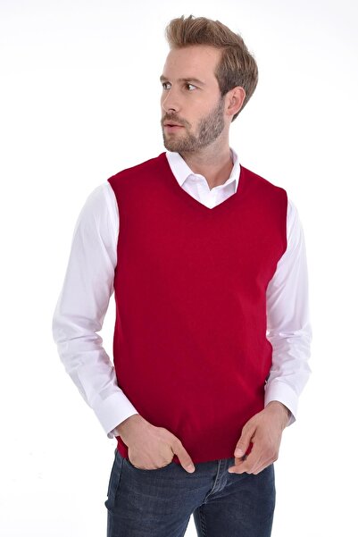 Çizgi Triko Men's V-Neck Burgundy Sweater Regular Fit with Angora Rabbit Wool