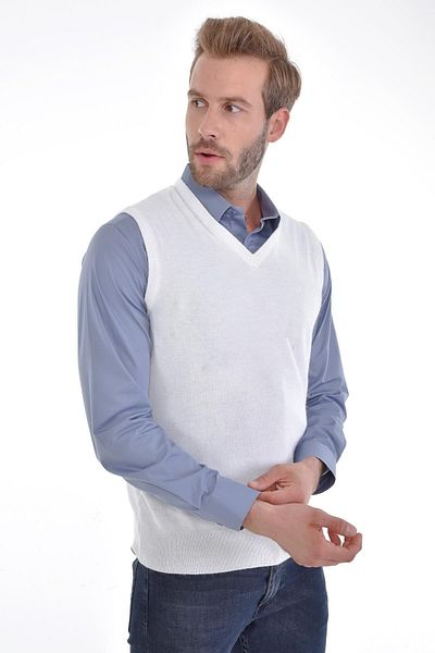 Çizgi Triko Men's V-Neck White Sweater Regular Fit with Angora Rabbit Wool