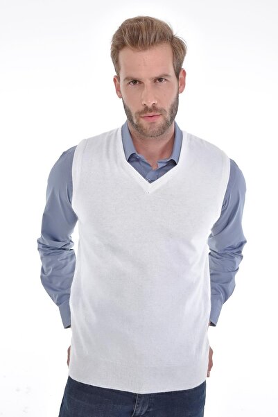 Çizgi Triko Ανδρικό λευκό πουλόβερ με λαιμόκοψη V με κανονική εφαρμογή από μαλλί κουνελιού Angora