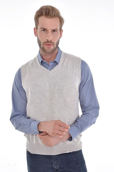 Çizgi Triko Ανδρικό μπεζ πουλόβερ Angora Rabbit Wool κανονική εφαρμογή με λαιμόκοψη V