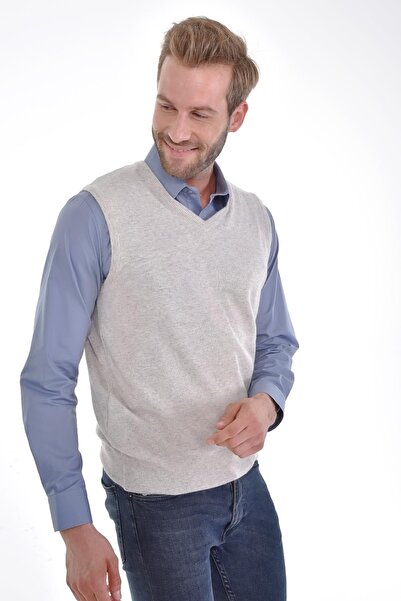 Çizgi Triko Men's V-Neck Beige Sweater Regular Fit with Angora Rabbit Wool