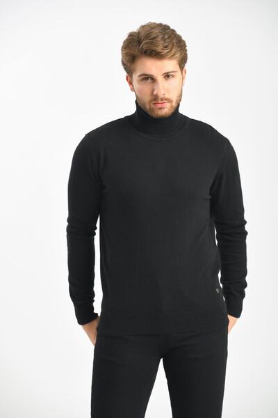 Çizgi Triko Ανδρικό Full Fisherman Μαύρο πουλόβερ Angora Rabbit Wool κανονική εφαρμογή