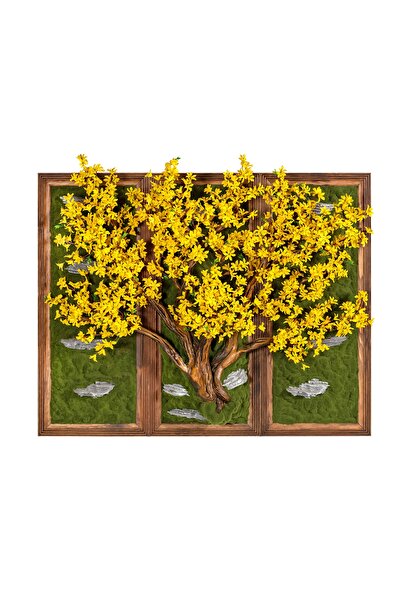 Omnia Concept Üçlü Jasmine Tablo - Sarı - Masif Ahşap Çerçeveli 3 Boyutlu Yap...
