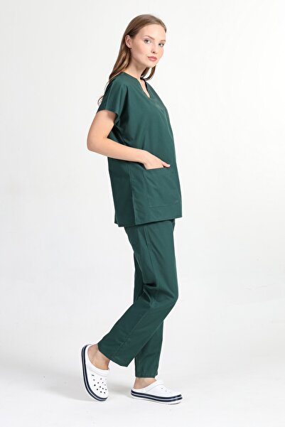 BAŞAK Kadın Avcı Yeşil Yarasakol Scrubs Doktor Hemşire Forması Takım (alpaka Kumaş)