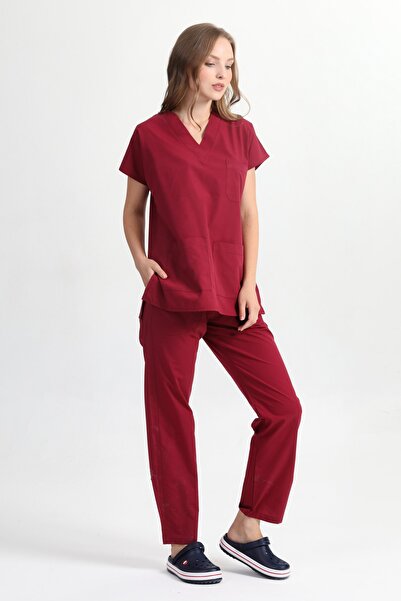 BAŞAK Terikoton Yarasakol Kadın Scrubs Doktor Hemşire Forması Takım Bordo
