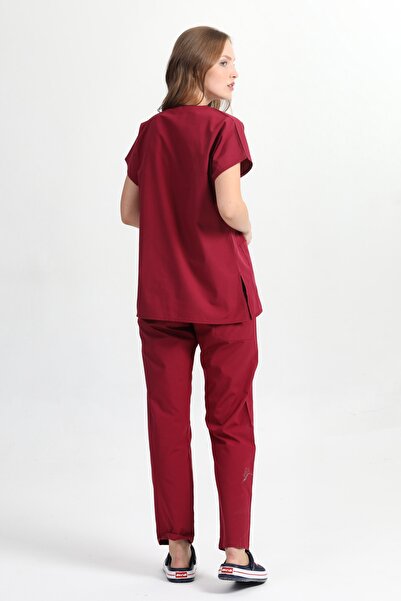 BAŞAK Terikoton Yarasakol Kadın Scrubs Doktor Hemşire Forması Takım Bordo