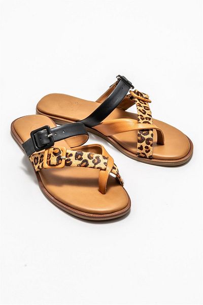 Elle Shoes Tan Leather Women's Flat Flip Flops