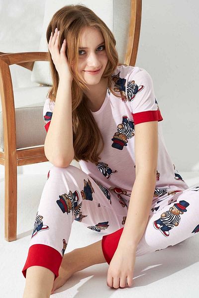 Siyah İnci Pink Hat Teddy Bear Patterned Knitted Pajama Set