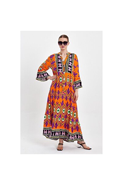 NUR TEKSTİL Kadın Turuncu Desenli 100 % Pamuk Viskon Kumaş Salaş Elbise