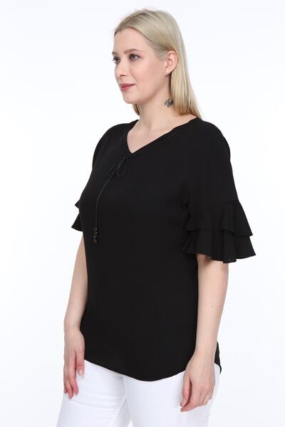 Piano Luce Lyre Women's Large Size Flounced Sleeve Blouse Black L2319