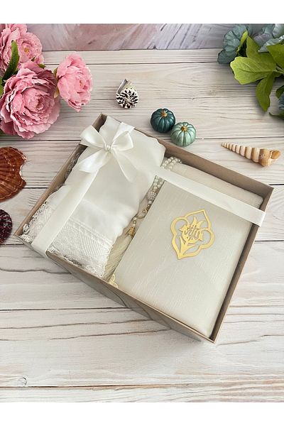 DuhaİslamiHediyelik Luxury Laced Shawl Cotton Prayer Rug Yasin Book Pearl Prayer Beads Dowry Bundle Set Home Concept