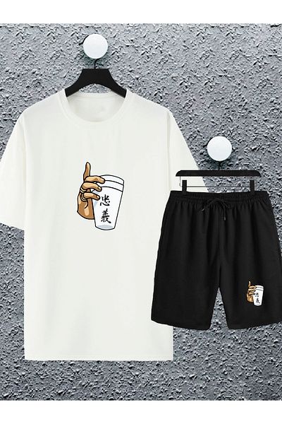 Jobia Outdoors Unisex Women's Men's Cup Hand Printed Black and White Design Summer Shorts Oversize T-shirt Set of 2