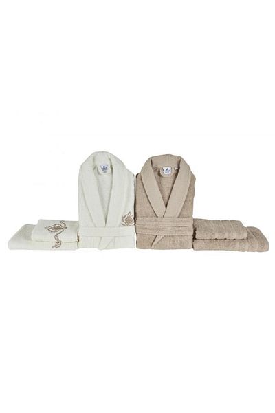Karaca Home Bathrobe Family Bath Set Desma White/Beige