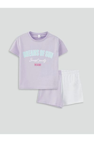 LC Waikiki Set de pijamale pentru fetiță cu mâneci scurte, cu imprimeu, cu gâtul turn, cu pantaloni scurți