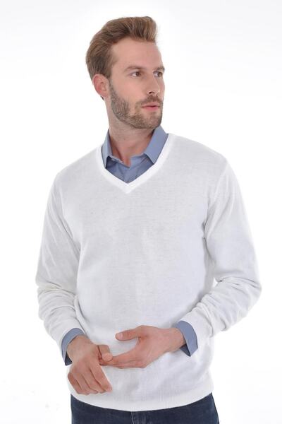 Çizgi Triko Ανδρικό πουλόβερ με λαιμόκοψη V, λευκό κουνέλι Angora, κανονική εφαρμογή
