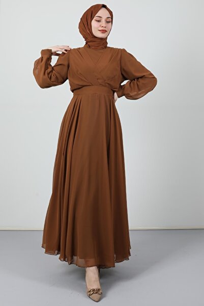 Giza Giyim Önü Çapraz Şifon Elbise Hardal