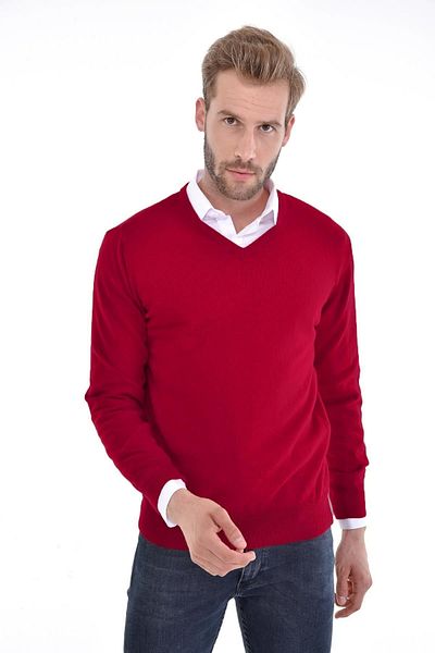 Çizgi Triko Men's V-Neck Burgundy Angora Rabbit Wool Sweater Regular Fit