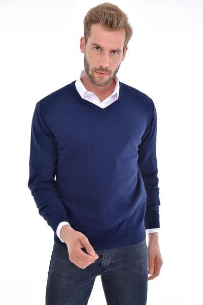 Çizgi Triko Ανδρικό πουλόβερ με λαιμόκοψη σε μπλε Navy Blue Angora Rabbit Wool με κανονική εφαρμογή