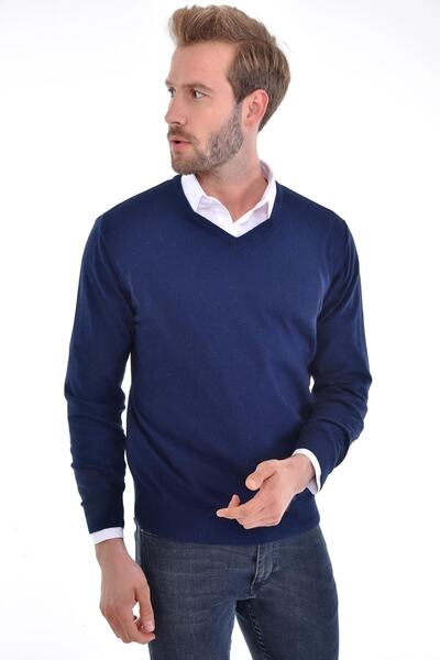 Çizgi Triko Ανδρικό πουλόβερ με λαιμόκοψη σε μπλε Navy Blue Angora Rabbit Wool με κανονική εφαρμογή