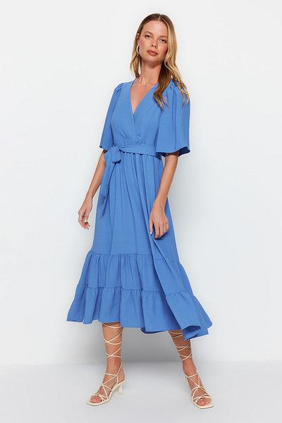 Trendyol Collection Indigo pásek A-střih Dvouřadý límec Detail zad Midi Woven Šaty TWOSS23EL02164