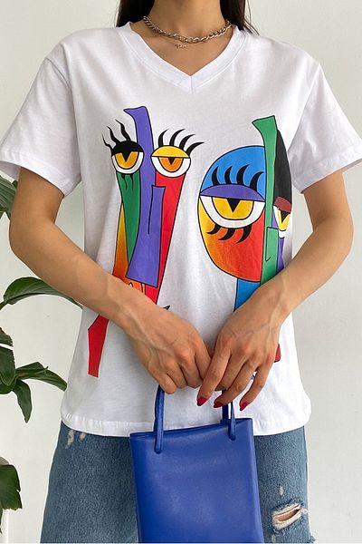 FEMELLE Women's White V-Neck Printed Cotton T-Shirt