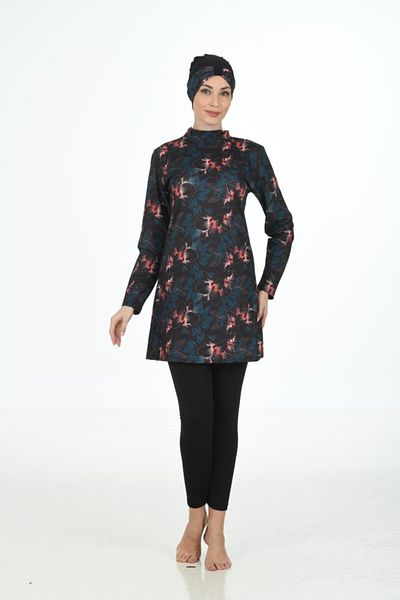 Fantasy Lycra Patterned Black Green Hijab Swimsuit 3308