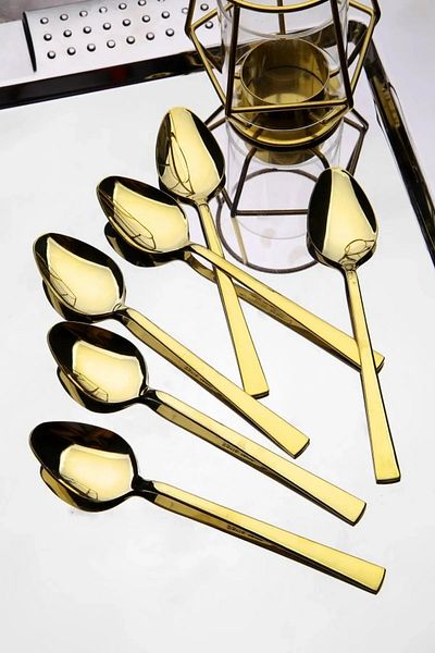 Vipinox 6 Pieces Luxury Shiny Gold Dessert Spoon Stainless Steel Stick Model Gold Dessert Spoon