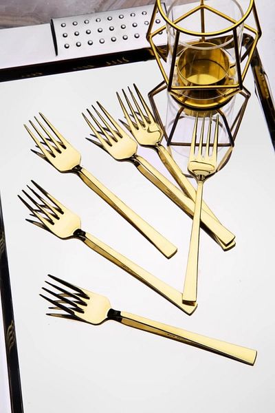 Vipinox 6 Pieces Luxury Shiny Gold Dessert Fork Stainless Steel Stick Model Gold Dessert Fork
