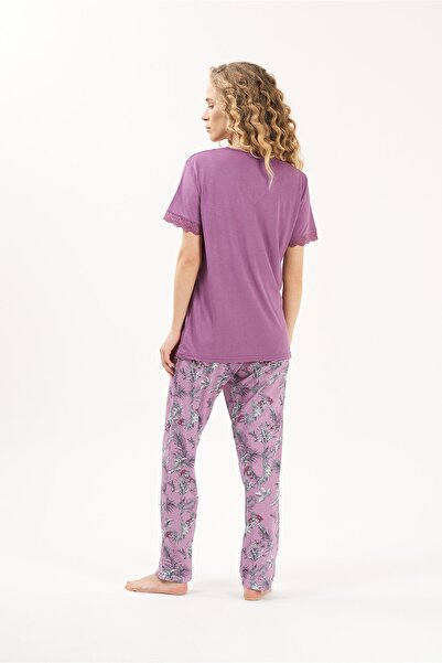 Yeni İnci Dantel Detaylı Çiçekli Pamuk 2'li Kadın Pijama Takımı