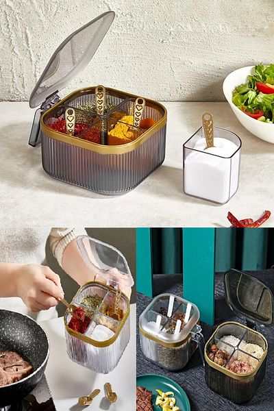 Bayev Countertop and Table Top Spice Rack with Lid 4 Pieces Spoon Gift 4 Compartments (RESTORAN AND CAFE FITABLE)